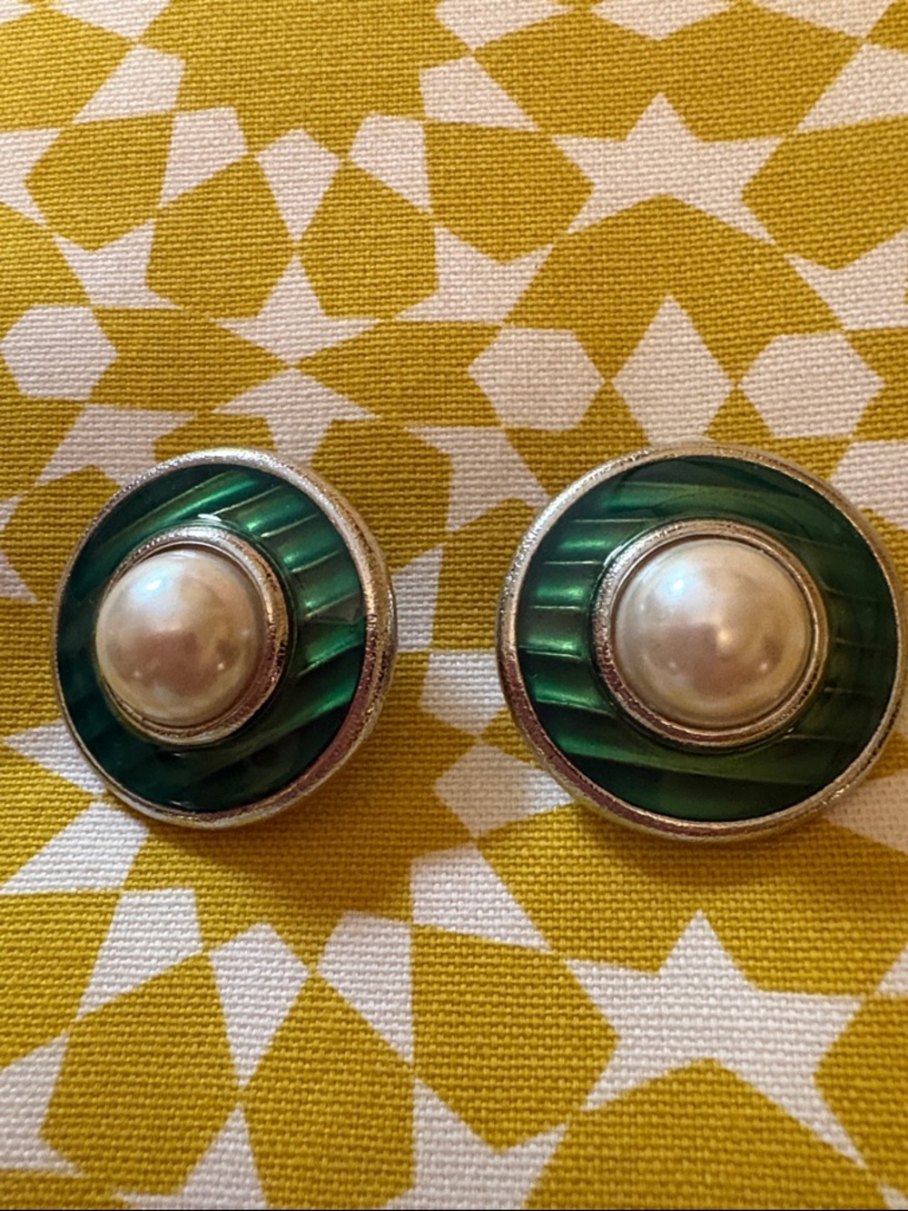 Anne Klein Green and Pearl Accent Round Clip-On Earrings